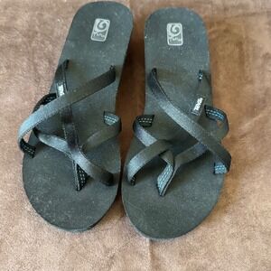 Teva Mush Mandalyn Wedge 2 Black Strappy Platform Flip Flop Sandals Womens 9